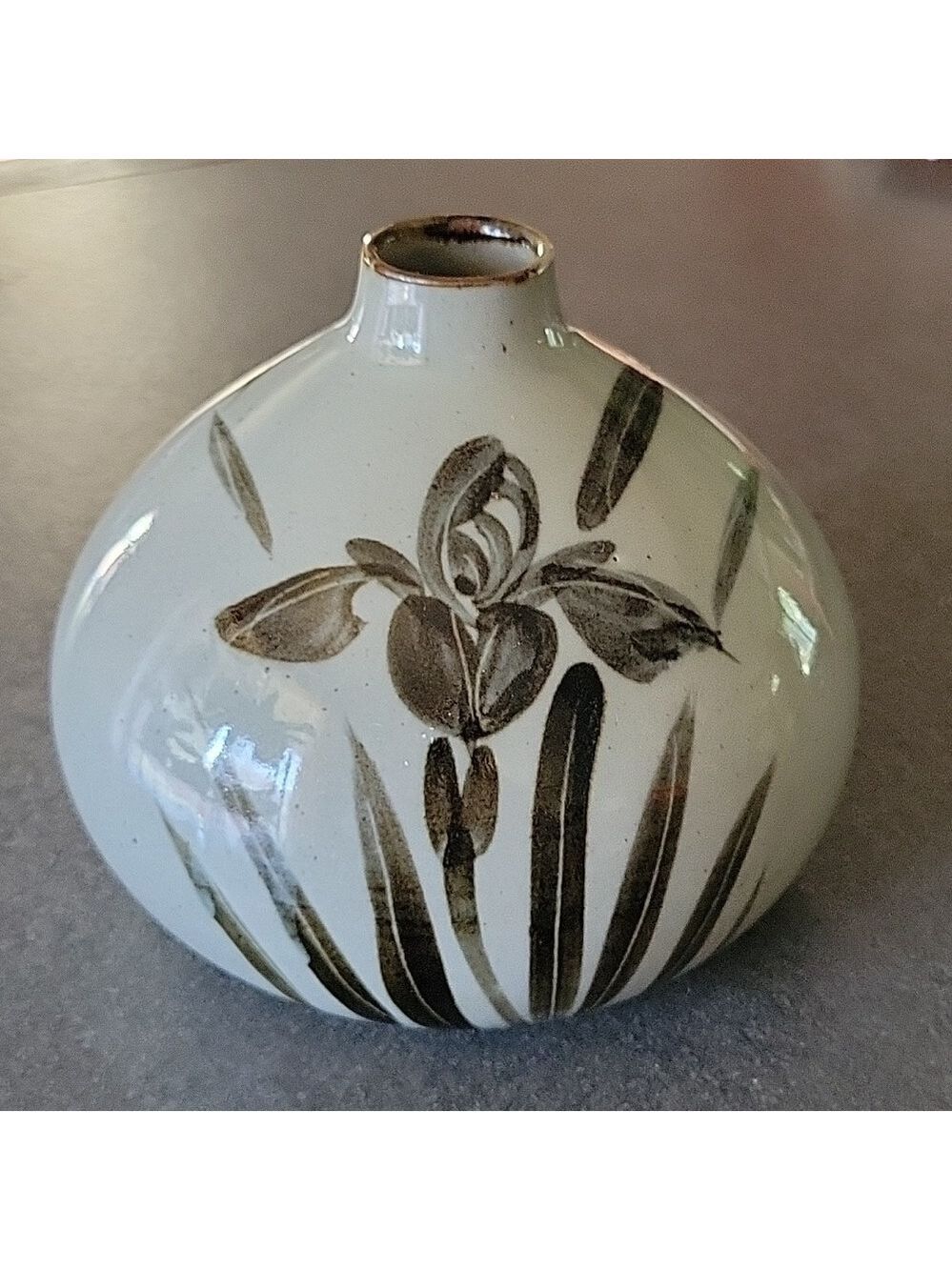 Vintage Toyo Japan Mid-Century Pottery Bulbous Stoneware Vase Hand-Painted Iris